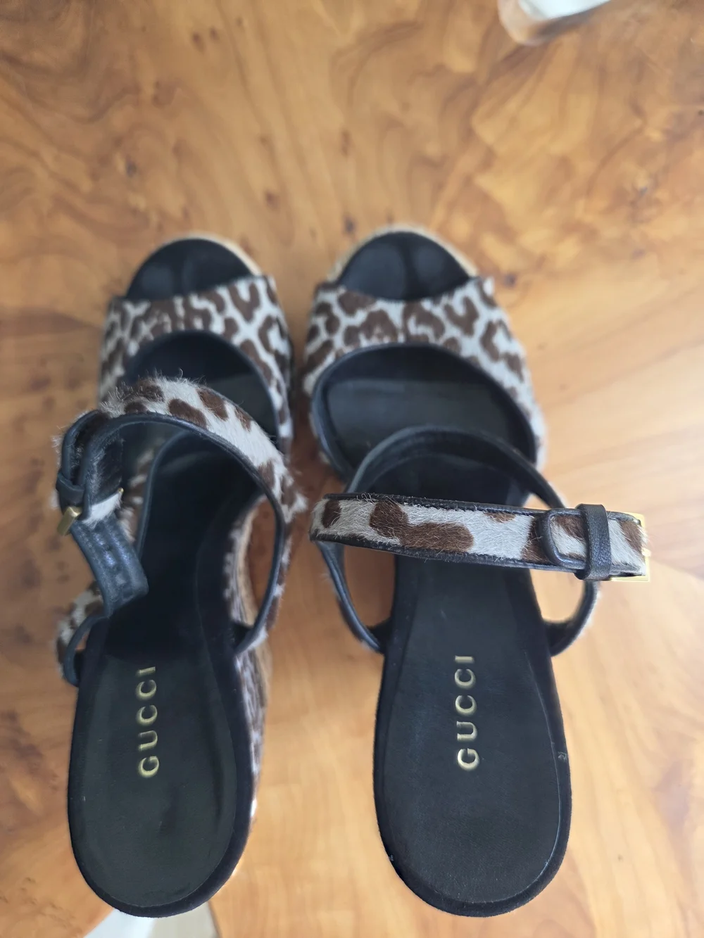 Gucci Brown Leopard Print Wedge Sandals